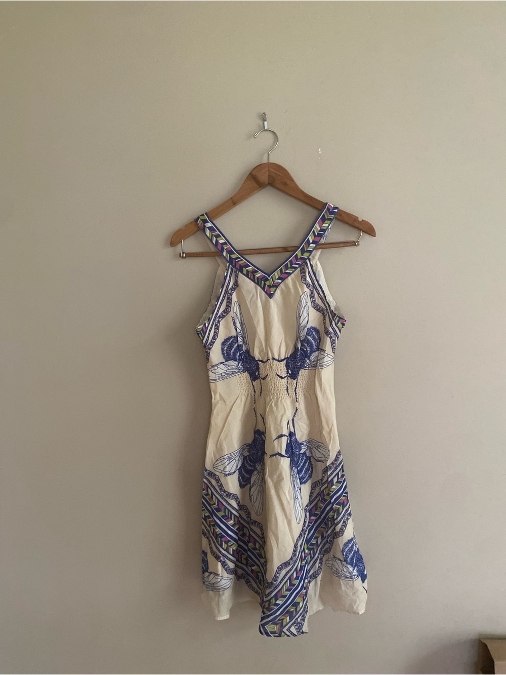 Leifnotes Anthropologie Cream & Blue Printed V-Neck Sundress